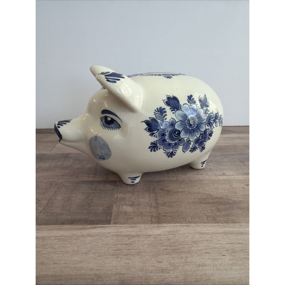 Delft Blue Holland Floral With Stopper Hand Painted Piggy / Coin Bank